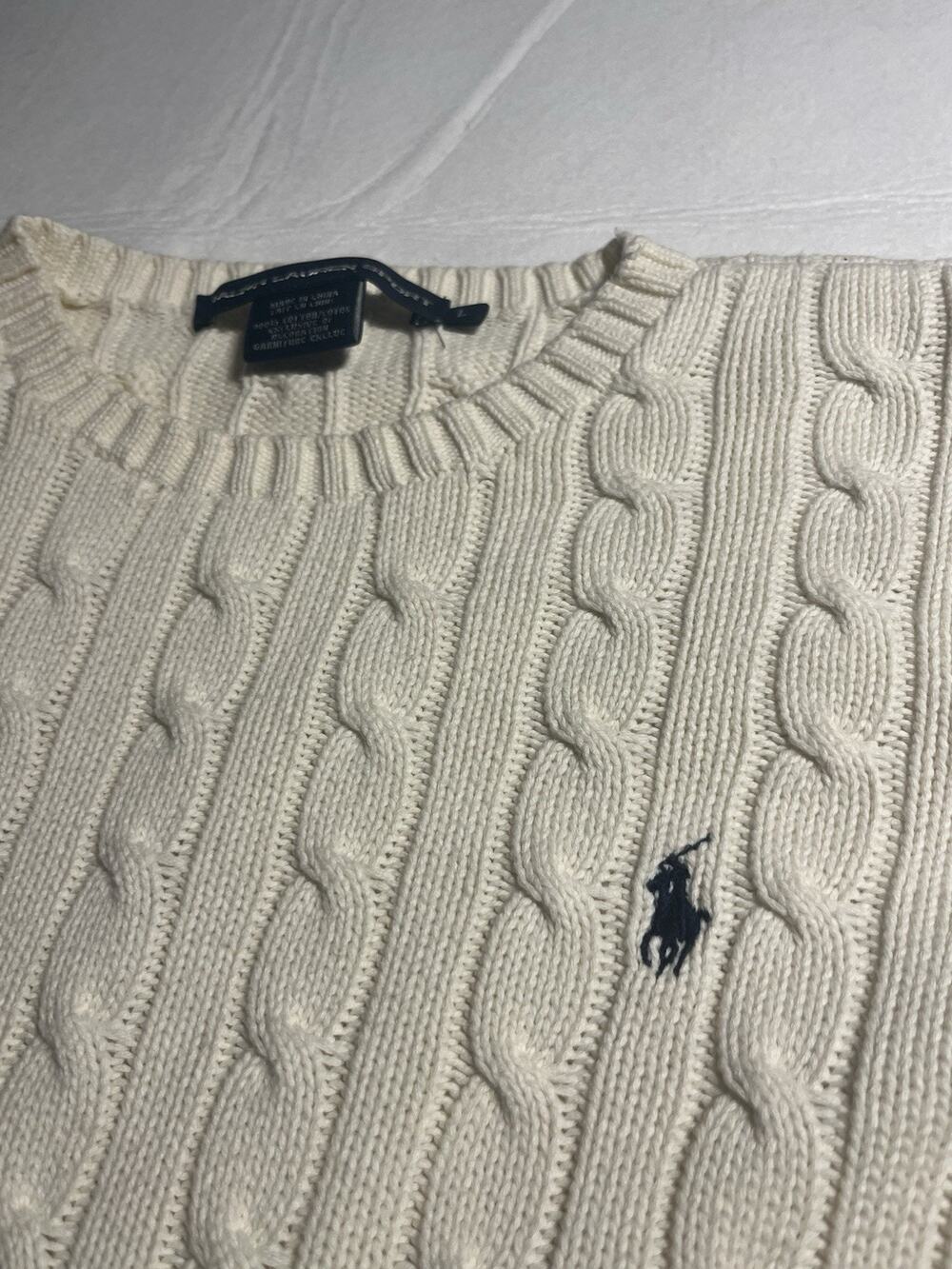 Ralph Lauren Sport Women’s Large Cable Knit Sweater Cream Ivory Cotton Pony